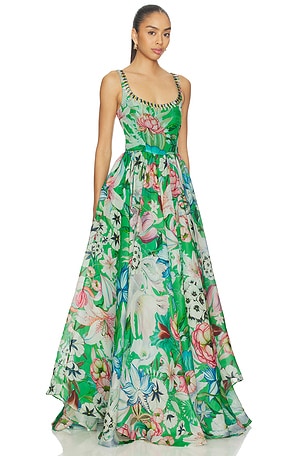 LA FUORI Tropical Rhapsody Printed Gown in Green