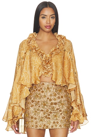 LA FUORI Honeydew Printed Ruffle Top in Yellow