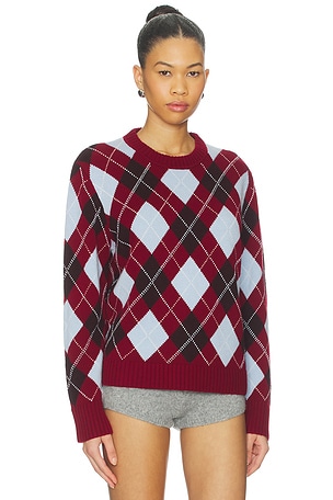 La Ligne Boyfriend Argyle Crewneck Sweater in Red,Baby Blue