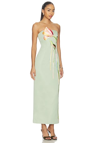 LEO LIN Marilyn Buster Maxi Dress in Tulip Print in Green. Size Aus 8/US 4. Also