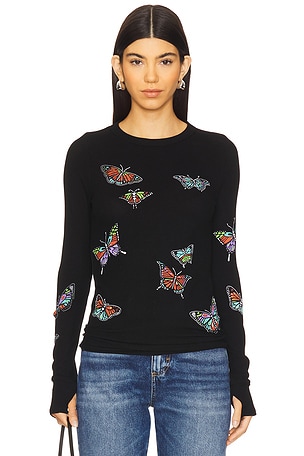 Lauren Moshi Mckinley Vintage Butterflies Thermal Top in Black