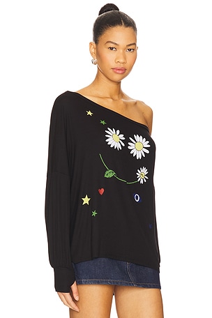 Lauren Moshi Krista Daisy Happyface One Shoulder Top in Black