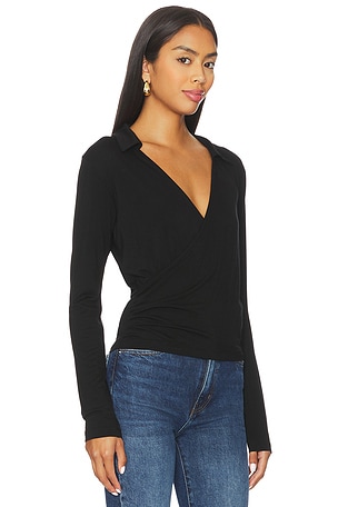 LNA Camryn Wrap Long Sleeve Top in Black