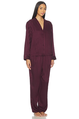 LUNYA Washable Silk Striped Jacquard Long Sleeve Pant Set in Wine. Size XL. Also