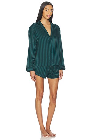 LUNYA Washable Silk Striped Jacquard Button Up Long Sleeve Short Set in Dark Green. Size XS. Also