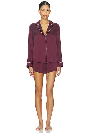 Washable Silk Piped Button Up Long Sleeve Short Set LUNYA