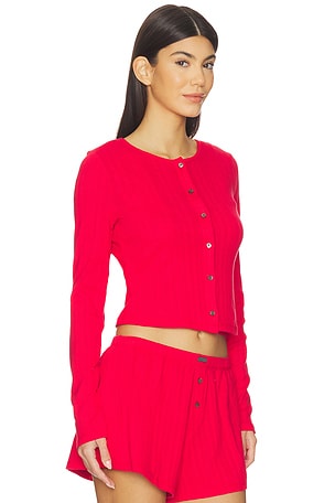 LUNYA Pointelle Crew Neck Cardigan in Red