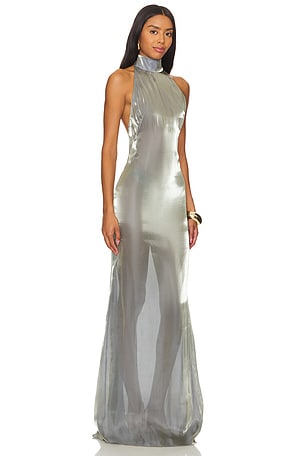 Lapointe Metallic Organza Halter Open Back Gown in Metallic Silver