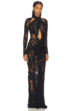 Lapointe Burnout Jersey Halter Ruched Gown in Black