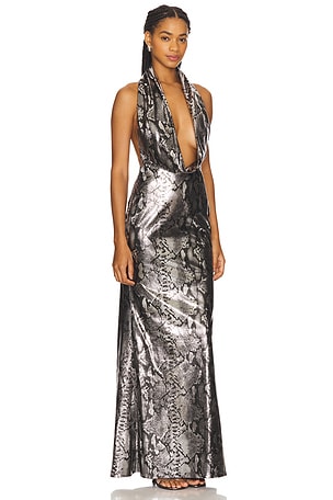 Lapointe Metal Snake Deep Cowl Neck Gown in Metallic Silver