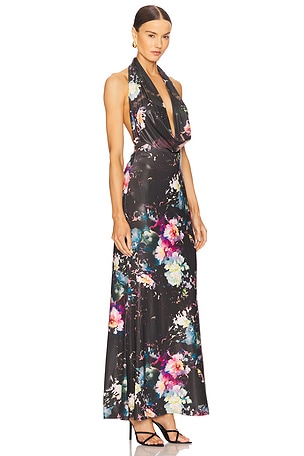 Lapointe Floral Jersey Deep Cowl Neck Gown in Black