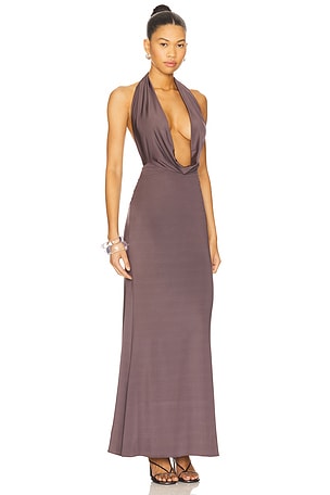 Lapointe Lightweight Jersey Deep Cowl Neck Gown in Brown