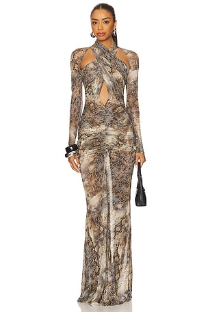Printed Mesh Halter Ruched Gown Lapointe