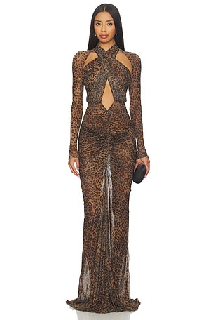 Printed Mesh Halter Ruched Gown Lapointe
