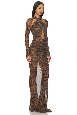 Lapointe Printed Mesh Halter Ruched Gown in Brown