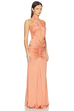 Lapointe Sleeveless Halter Ruched Gown in Coral