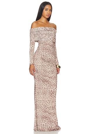 LaPointe Printed Jersey Off The Shoulder Gown in Brown. Size S. Also