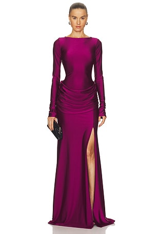 Shine Jersey Long Sleeve Draped Waist Gown LaPointe
