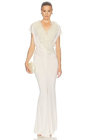 V Neck Shirred Gown With Feathers Lapointe