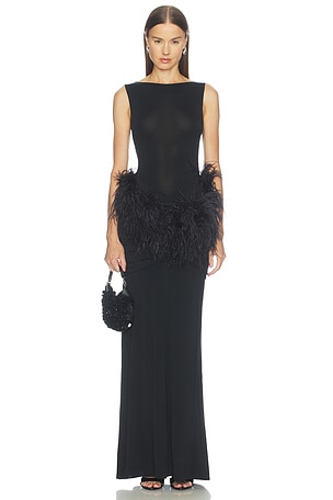 Jersey Long Sleeve Shirred Hip Gown With Feathers LaPointe