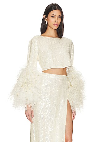 Sequin Viscose Cropped Boat Neck Top W Ostrich Lapointe