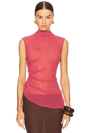 Lightweight Georgette Mock Neck Ruched Top Lapointe