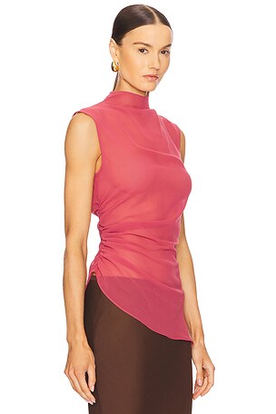 Lapointe Lightweight Georgette Mock Neck Ruched Top in Rose