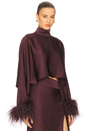 Lapointe Lightweight Satin Caftan Top With Feathers in Wine