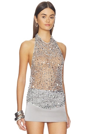 Lapointe Sequin Halter Neck Top in Metallic Silver