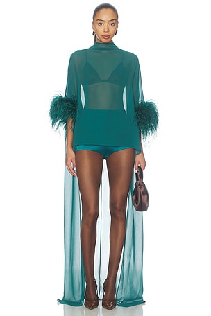Lightweight Georgette High Low Mock Neck Top With Feathers LaPointe