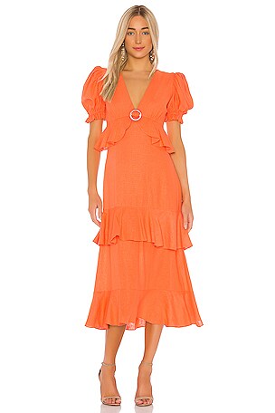 IORANE Linen Ruffle Midi Dress in Coral | REVOLVE IORANE Linen Ruffle Midi Dress in Coral | REVOLVE