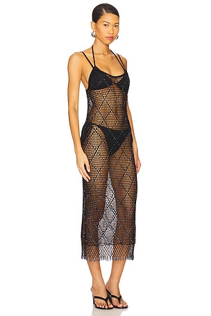Lovers and Friends Katja Beaded Crochet Midi Dress in Black