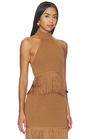 Lovers and Friends Chrissa Halter Fringe Crop Top in Brown