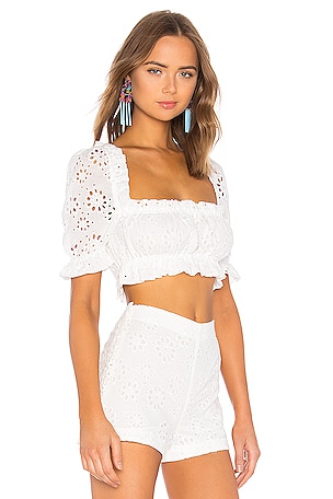 LPA Cropped Peasant Top With Puff Sleeves in White