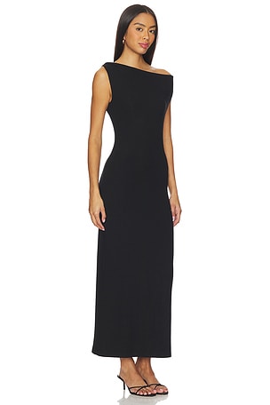 LESET Lauren Ruched Asymmetrical Shoulder Dress in Black