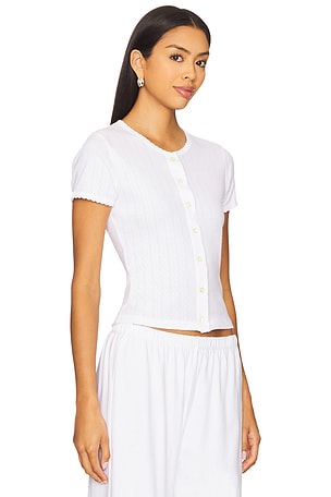 LESET Pointelle Short Sleeve Cardigan in White