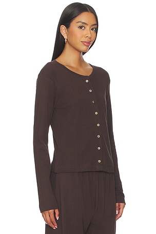 LESET Pointelle Classic Crew Cardigan in Chocolate