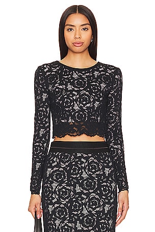Long Sleeve Gathered Mesh Cropped Top Black