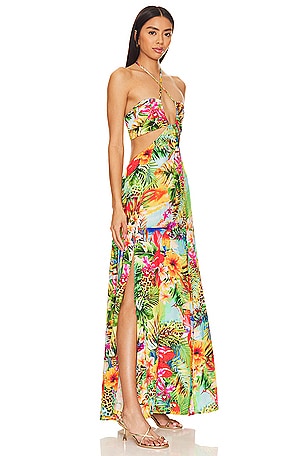 Luli Fama Birds Of Paradise Bandeau Cut Out Front Slit Dress in Green