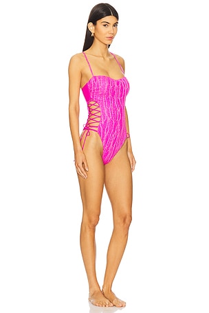 Luli Fama Square Neck Laced Up One Piece in Fuchsia