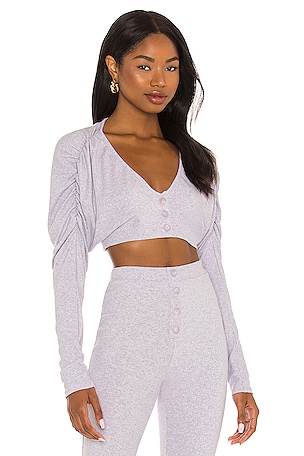 White Rib Tie Front Long Sleeve Crop Top