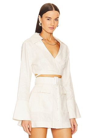 MATTHEW BRUCH Long Sleeve Wrap Crop Top in Cream