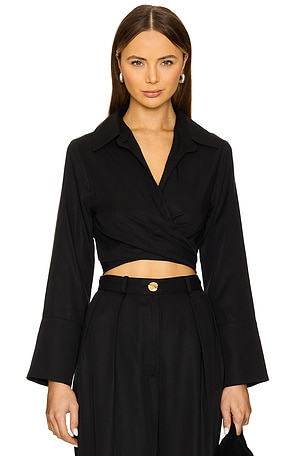 MATTHEW BRUCH Collared Long Sleeve Wrap Top in Black