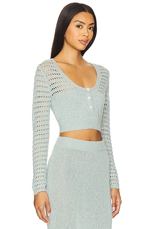 MATTHEW BRUCH Striped Mesh Long Sleeve Cropped Henley in Baby Blue