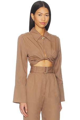 MATTHEW BRUCH Collared Long Sleeve Wrap Top in Brown