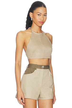 MATTHEW BRUCH Tie Halter Crop Top in Taupe