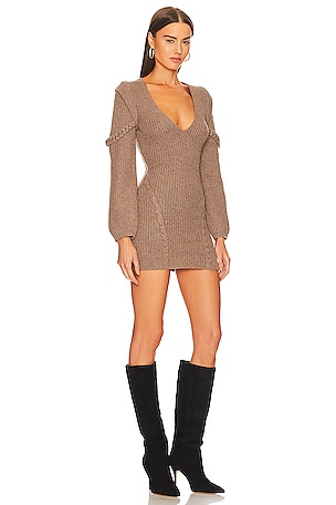 Michael Costello x REVOLVE Malina Deep V Neck Knit Dress in Taupe