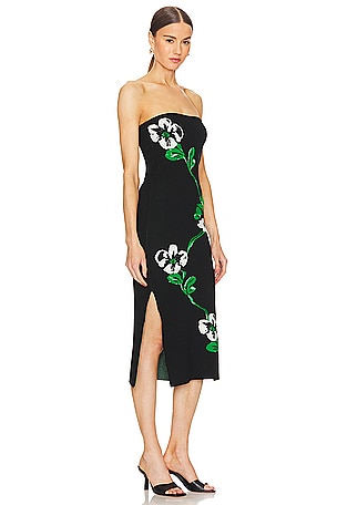 MILLY Floral Jacquard Strapless Midi Dress in Black