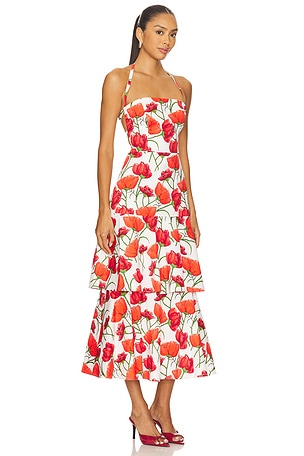 MILLY Red Peonia Poplin Dress in White