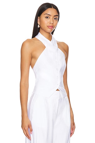 MILLY Solid Linen Cross Neck Halter Top in White